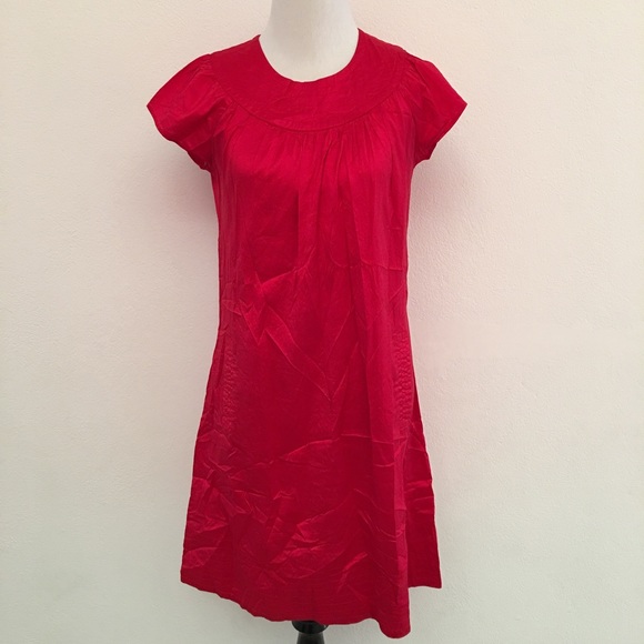 red silk shift dress